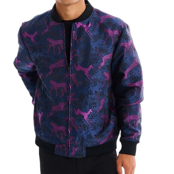 BERTIGO lan Animal Impala & Cheetah Jacquard  Bomber Jacket Navy Blue / Purple S - Picture 2 of 15